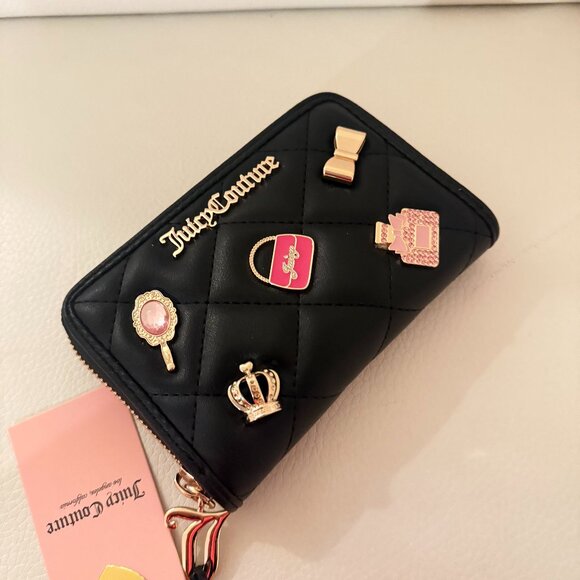NWT Juicy Couture Girls Only Med Tab Zip Around Black Quilted Charmed wallet bag - Picture 6 of 7
